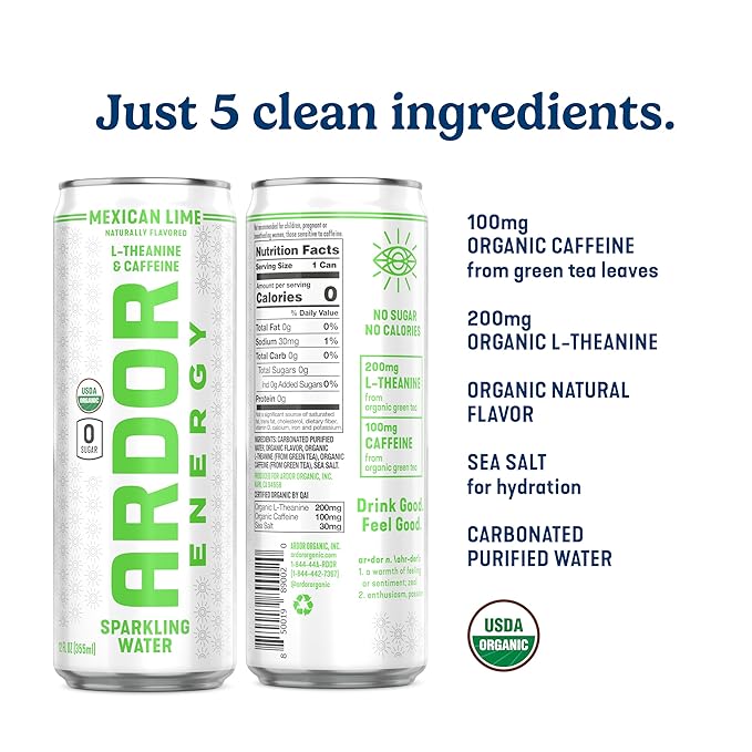 ARDOR ENERGY Sparkling Water with 100mg Natural Caffeine & 200mg L-Theanine from Organic Green Tea for Smooth Energy & Focus | Healthy Energy Drink | No Sugar, Zero Calories, Vegan, Gluten-Free | Tropical Variety (Pack of 6, 12oz cans)