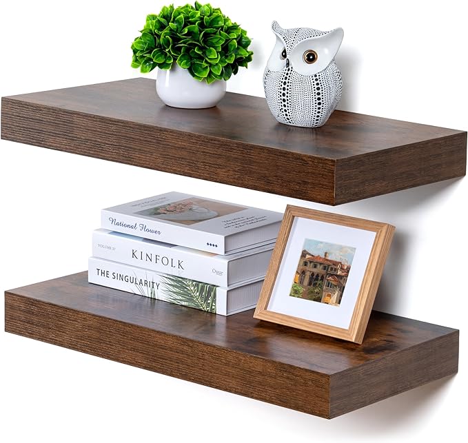 Deep Floating Shelves | 24 Inch Brown Floating Shelves Set of 2 | 12 Inch Deep Rustic Wood Shelves for Wall | 24" W x 12" D Brown Shelves for Living Room Bathroom Laundry Room Kitchen