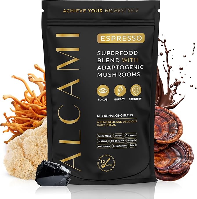 Mushroom Espresso Coffee Superfood Blend, 10X Concentrated Extract, with Lion's Mane, Reishi & Cordyceps, Energy & Focus Support, 30 Servings, Premium Supplement Powder