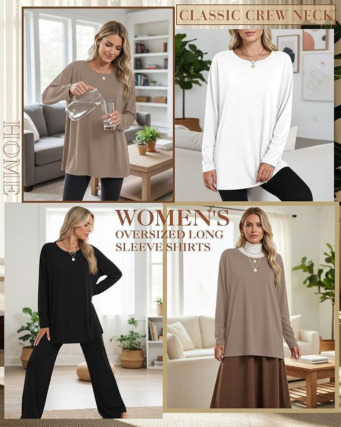 Ficerd 3 Pack Women's Oversized Long Sleeve Shirts Cotton Gym Round Neck Tops Loose Fit Casual Workout Baggy Fall Basic Tee