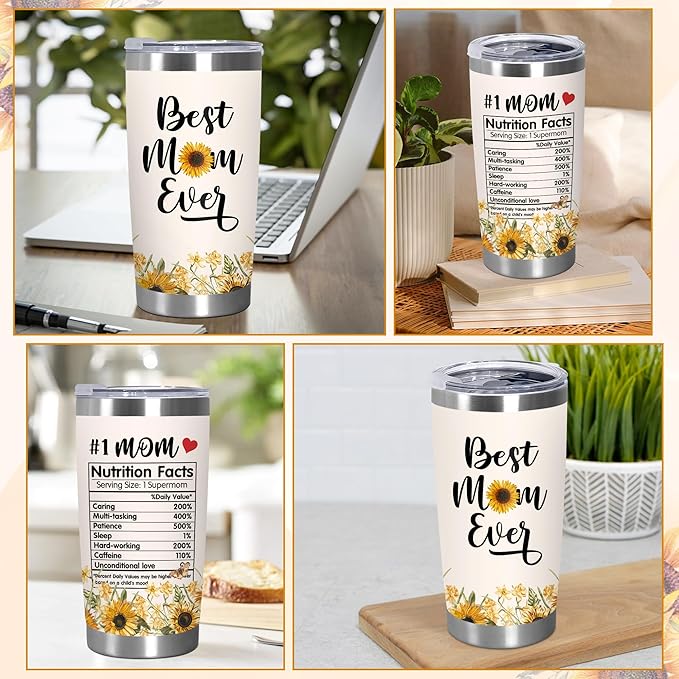 TEEZWONDER Christmas Birthday Gifts for Mom from Daughter Son - #1 Nutrition Facts Sunflower Stainless Steel Insulated Coffee Tumbler with Lid 20 oz - Mothers Birthday Gifts for Mama Grandma Women