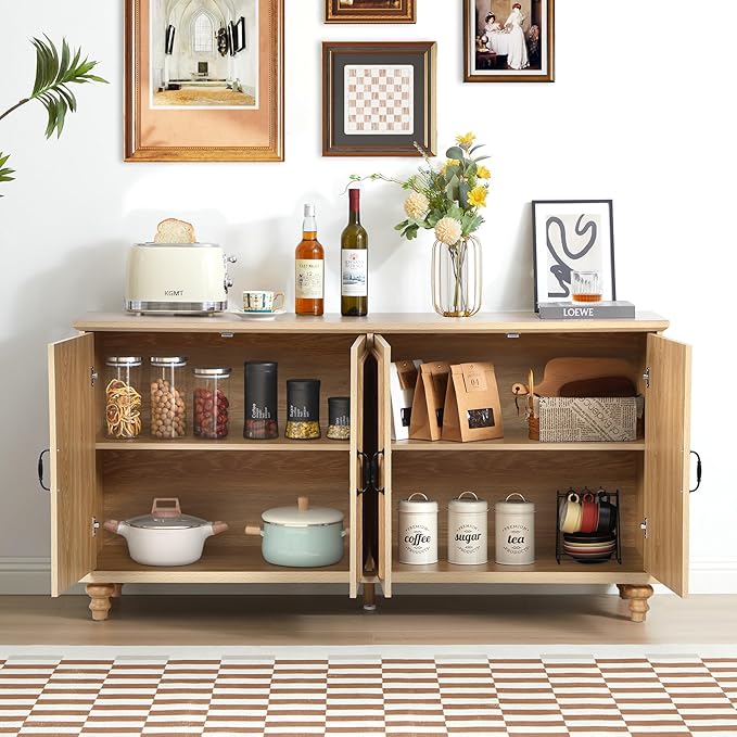 59" Sideboard Buffet Cabinet with Storage, Large Retro Credenza with 4 Doors & Adjustable Shelves Wood Rectangular Coffee Bar Table Console for Kitchen, Living Room, Hallway, Entry (Natural)
