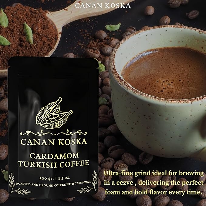 Canan Koska Cardamom Turkish Coffee - Premium Ground Coffee With Natural Cardamom Grounds, Medium Roast, Traditional Ottoman Recipe - 3.5oz (100g) - Pack Of 6