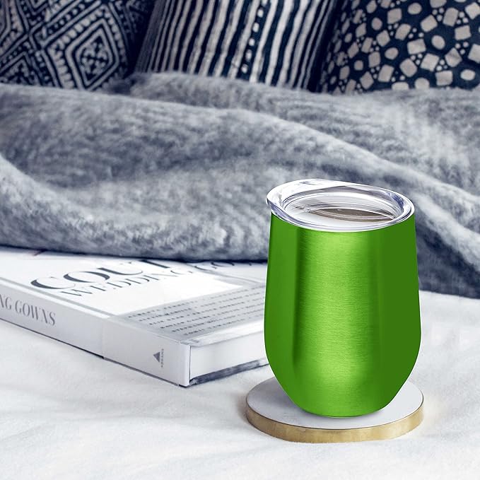 DISCOUNT PROMOS Stemless Wine Glass Tumblers with Lids by Largo 11 oz. Set of 6, Bulk Pack - Perfect for Wine, Cocktails, Other Hot & Cold Beverages - Lime Green