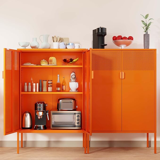 Metal Storage Cabinet,Kitchen Pantry Storage Cabinet,Metal Sideboard with 2 Doors and 2 Adjustable Shelves,Orange Locker Cabinet for Home,Bathroom,Hallway,Office,Dining Room