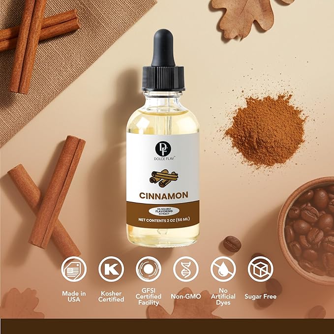 Dolce Flav Natural Cinnamon Extract – 2 Ounce Oil-Soluble Kosher, Sugar-Free, Concentrated Spice Flavor for Candy, Chocolates & Desserts, Includes Measured Dropper
