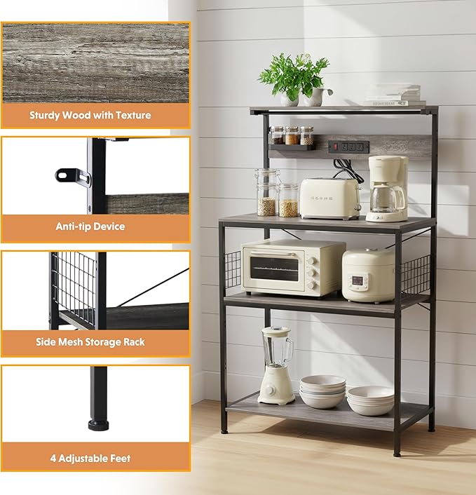Simple Deluxe Kitchen Bakers Rack with Power Outlet, Coffee Bar Accessories Table, 4-Tier Adjustable Storage Shelf for Spices, Freestanding Appliance Organizer, 23.6 Inch, Gray