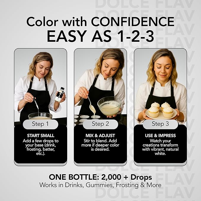 Dolce Flav Natural White Food Coloring – 2 oz Liquid Whitening Dye from Palm Oil with Graduated Dropper | Water-Soluble | For Frostings, Fillings & Beverages | Kosher | Made in USA