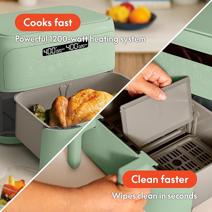 bella 4 Qt TriZone Air Fryer, EverGood™ Ceramic Nonstick Coating, Dual Basket Design w Removable Divider, Digital Touchscreen Control w 6 Preset Cooking Options, 1200 Watt, 3lb Capacity, Seaglass