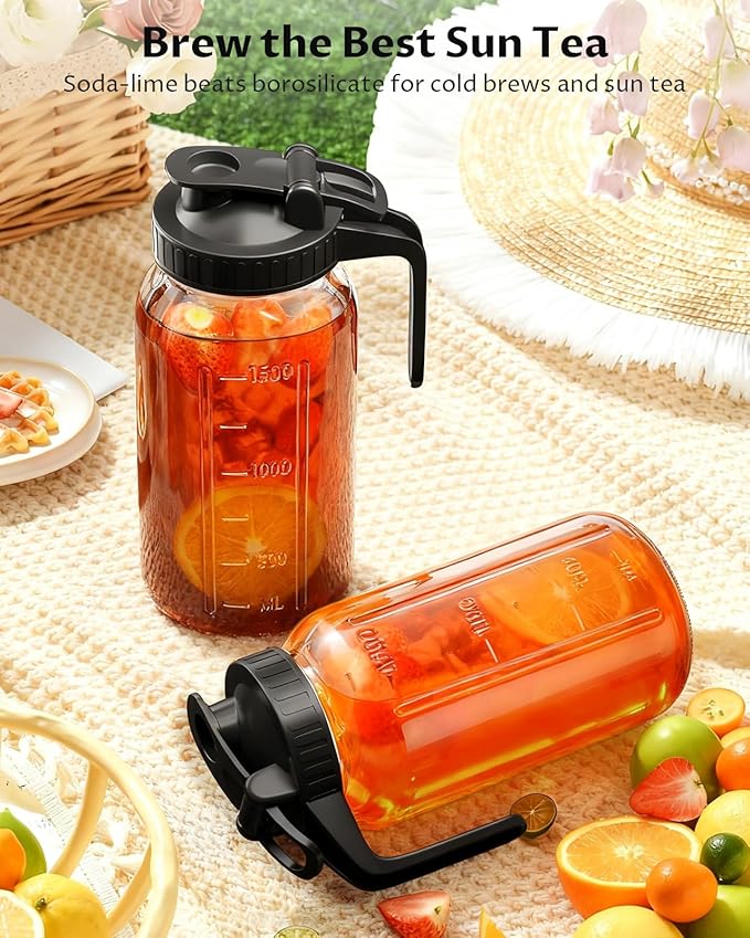 64 oz Mason Jar Pitcher, 2 Quart Glass Water Pitcher with Lid, Airtight Seal for Great for Iced Tea, Juice, Milk, Coffee, Sun Tea, Lemonade, Set of 1(Black)