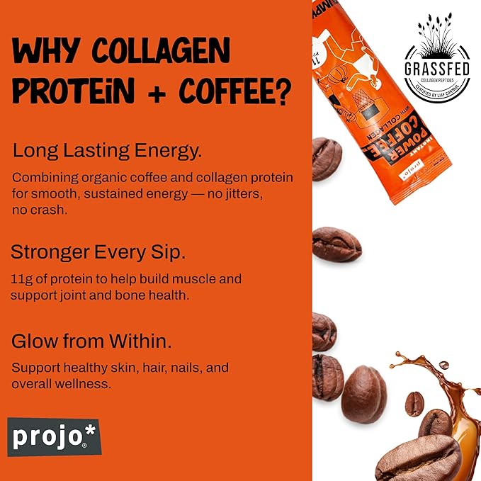 Projo* Power Coffee – Instant Coffee with 12g Hydrolyzed Bovine Collagen & 175mg Caffeine – High Protein Energy Boost Coffee for Men & Women – Pumpkin Spice Flavor – 12 Single-Serve Packets