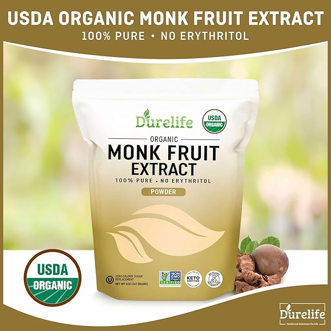 Durelife Organic 100% Pure Monk Fruit sweetener, No Erythritol, Monkfruit Extract Powder, USDA organic NON-GMO Project Verified, Keto Certified OU kosher No Fillers Zero Calorie Sugar Substitute 10 OZ