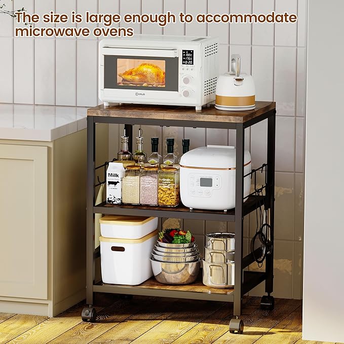 Homeiju 3-Tier Wooden Microwave Cart with Storage, 22.4''W Microwave Stand Coffee Cart Rolling Kitchen Utility Cart with Wheels, 5 Hooks, Rustic Brown and Black