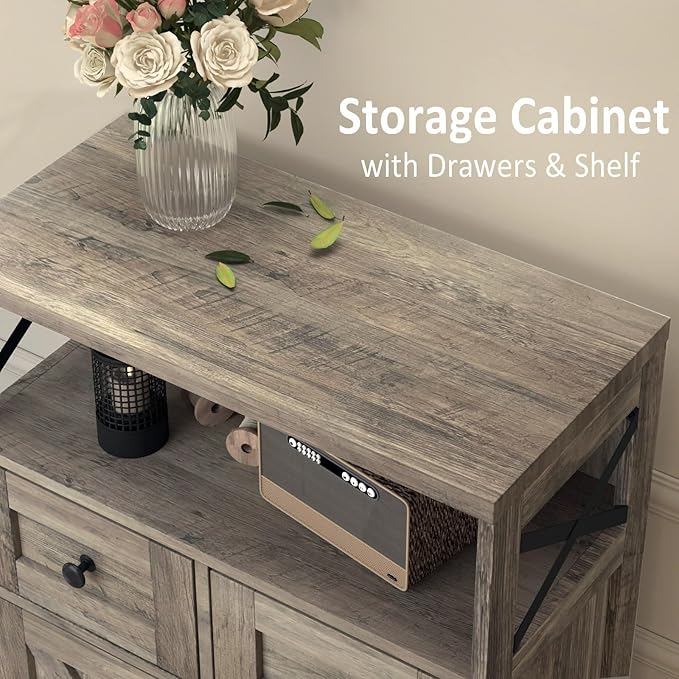 Farmhouse Storage Cabinet with Drawers and Shelf, Freestanding Kitchen Pantry Hutch for Kitchen, Living Room, Home Office, Rustic Grey