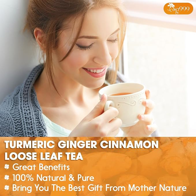 TOG999, Premium 6oz Ginger Turmeric Cinnamon Loose Leaf Herbal Tea - Premium Quality Spiced Herbal Blend – Caffeine-Free, Non-GMO, Natural Dried Roots and Bark. Vegan-Friendly.