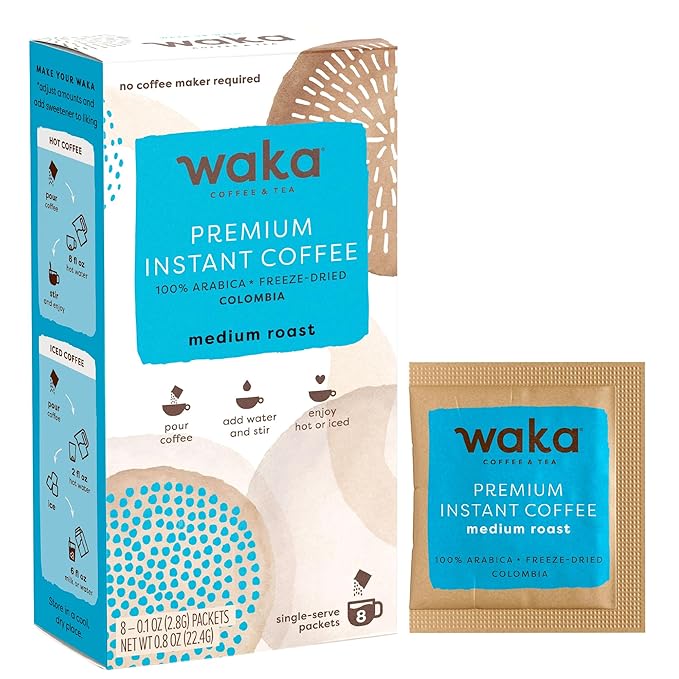 Waka Premium Instant Coffee Sachets — 100% Arabica Freeze Dried Beans — For Hot or Iced Coffee (8 Count, Medium Roast)