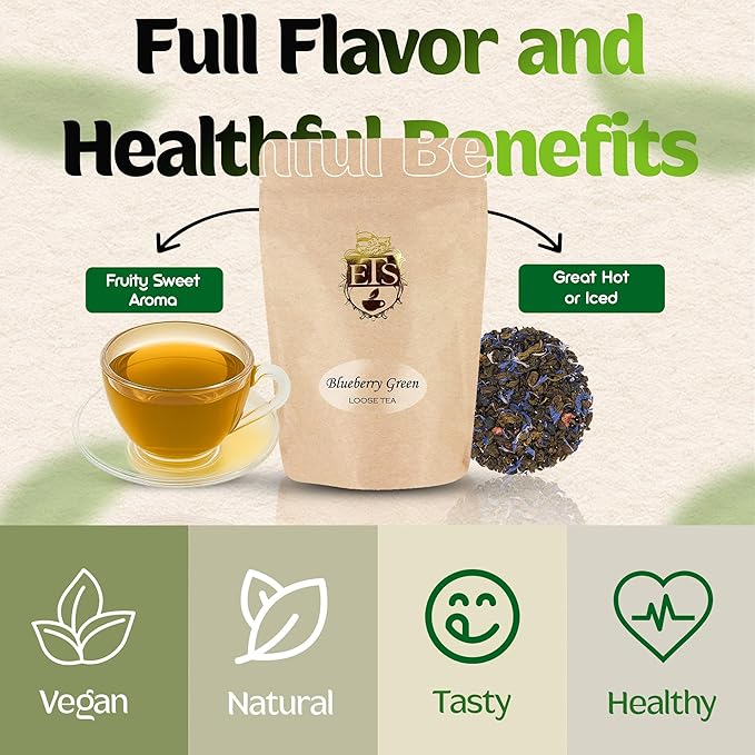 Blueberry Flavored Green Tea | Loose Leaf Gunpowder Tea - 16oz Resealable Pouch | Pekoe Grade | Fruity Sweet Aroma | Great Hot or Iced | Refreshing Berry Blend | Sri Lanka Uva Region
