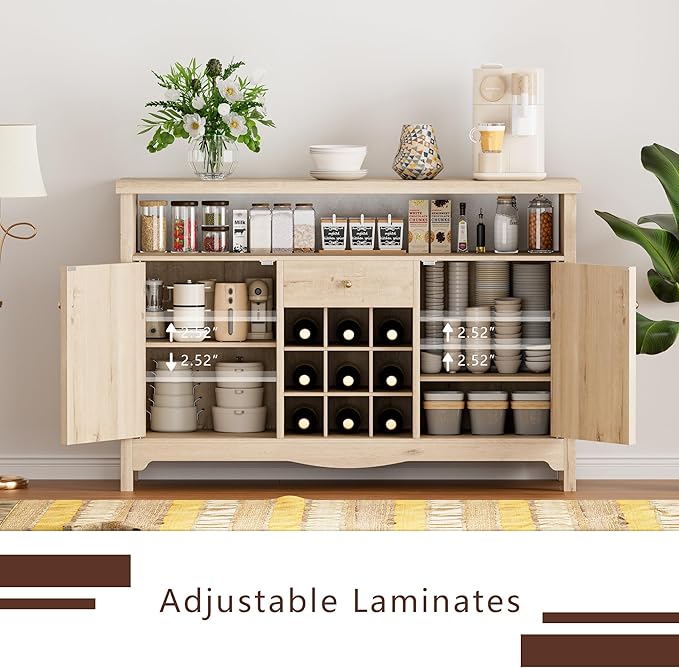 45.7” Wine Cabinet，Farmhouse Home Coffee Bar Sideboard Buffet Cabinet Liquor Storage with 9 Wine Racks & 2 Doors for Kitchen, Living and Dining Room (1, White Oak)
