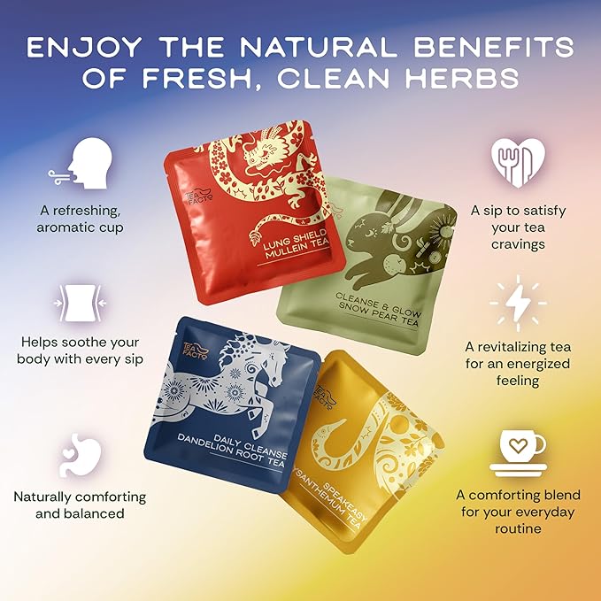 Tea Facto Herbal Tea Sampler Set Clean Circuit Collection with Chrysanthemum, Mullein, Dandelion Root & Glow Snow Pear - Fancy Tea Sampler Gift Set Box - Natural Fiber, Zero Added Sugar - 38 Count