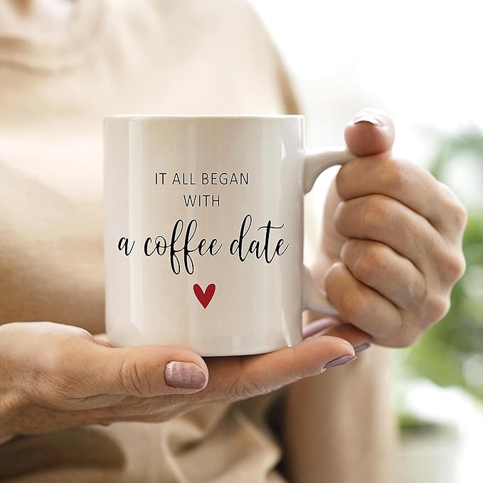 QASHWEY Valentines Day Coffee Mug, Girlfriend Gifts, Couple Gifts, Romantic Gifts for Her Him, Fiance Gifts for Her, Wedding Gifts Coffee Cups Ceramic 11oz, It All Began With a Coffee Date Tea Cup