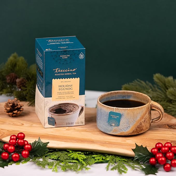 Teeccino Eggnog Herbal Tea - Holiday Dessert Tea That’s Creamy & Sweet, Prebiotic and Caffeine Free, 25 Tea Bags