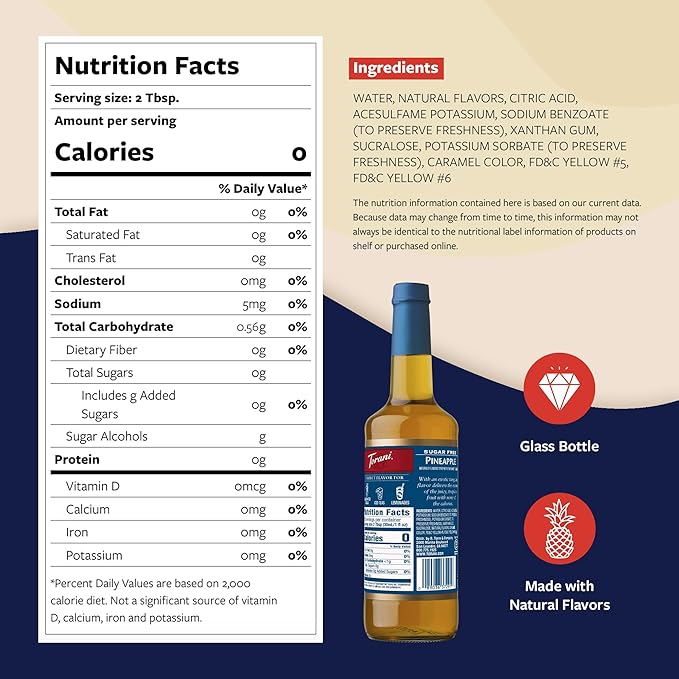 Torani Sugar Free Syrup, Pineapple Flavored Syrup for Drinks, Zero Calorie, Glass Bottle with Pump Included, 25.4 Fl Oz