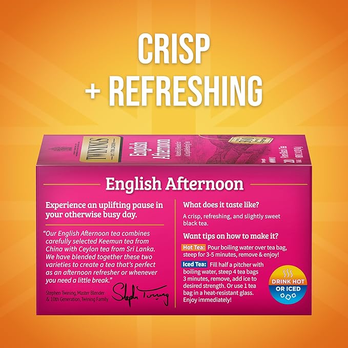 Twinings English Afternoon Black Tea Individually Wrapped Bags, 20 Count (Pack of 1), Smooth & Slightly Sweet, Caffeinated, Enjoy Hot or Iced, 20 Teabags