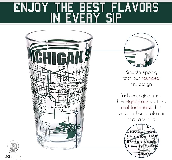 Greenline Goods – Michigan State University Spartans College Pint Beer Glasses (Set of 2), 16 oz – Full-Color Logo + Campus Map