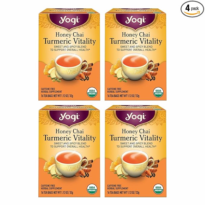 Yogi Tea Honey Chai Turmeric Vitality Tea - 16 Tea Bags per Pack (4 Packs) - Organic Tea to Support Overall Health - Includes Cinnamon Bark, Turmeric Root, Cardamom Pod, Ginger Root & More