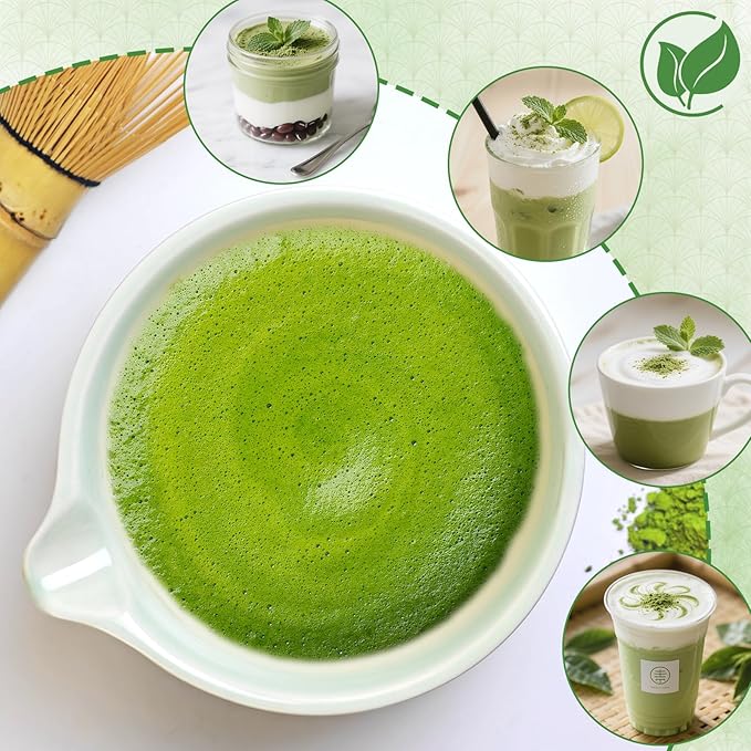 Matcha Whisk Set, 7 Pcs Ceramic Matcha Whisk Kit, Bowl with Spout, Holder, Stainless Sifter, Bamboo Scoop and Tea Towel, Gift Set for Tea Lovers