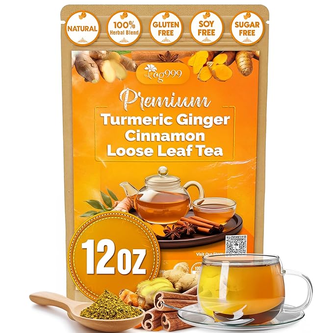 TOG999, Premium 12oz Ginger Turmeric Cinnamon Loose Leaf Herbal Tea. Improve Digestion, Support Brain, Weight, Skin and Sleep. Premium Quality Spiced Blend. No Sugar, No Caffeine, No Gluten, Vegan.