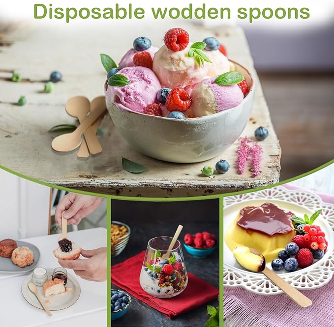 200 Packs Natural 4 Inch Mini Spoons Disposable Birch Utensils for Bakeries, Tasting Samples, Party Events, with Smooth, Splinter-Free & Sturdy, Compatible with Dessert, Gelato and Yogurt