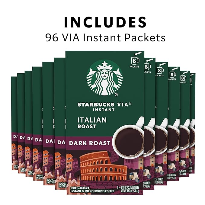 Starbucks VIA Instant Coffee, Dark Roast Coffee, Italian Roast, 100% Arabica, 12 boxes (96 packets total)