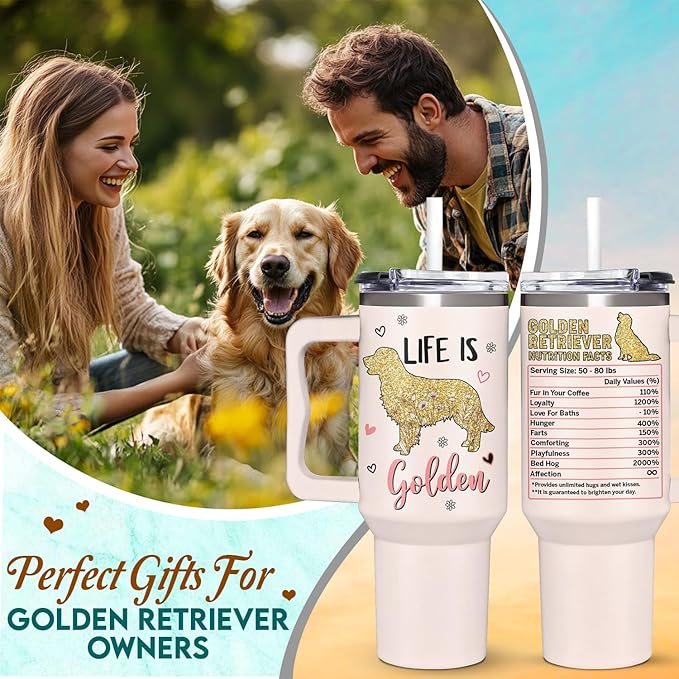Golden Retriever Gifts for Women - Birthday, Christmas, Mothers Day Gifts for Dog Lovers - Golden Retriever Puppy Essentials for Mom - 40oz Tumbler with Handle and Straw