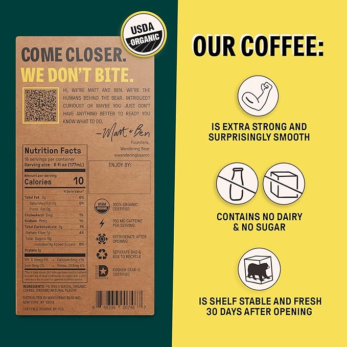 Wandering Bear Organic Caramel Cold Brew Coffee On Tap, Iced Coffee Drink - Extra Strong, Bold, Smooth, No Sugar Added, Shelf-Stable, Ready to Drink,Gluten Free & Vegan -16 Servings of 6fl.oz -96fl.oz