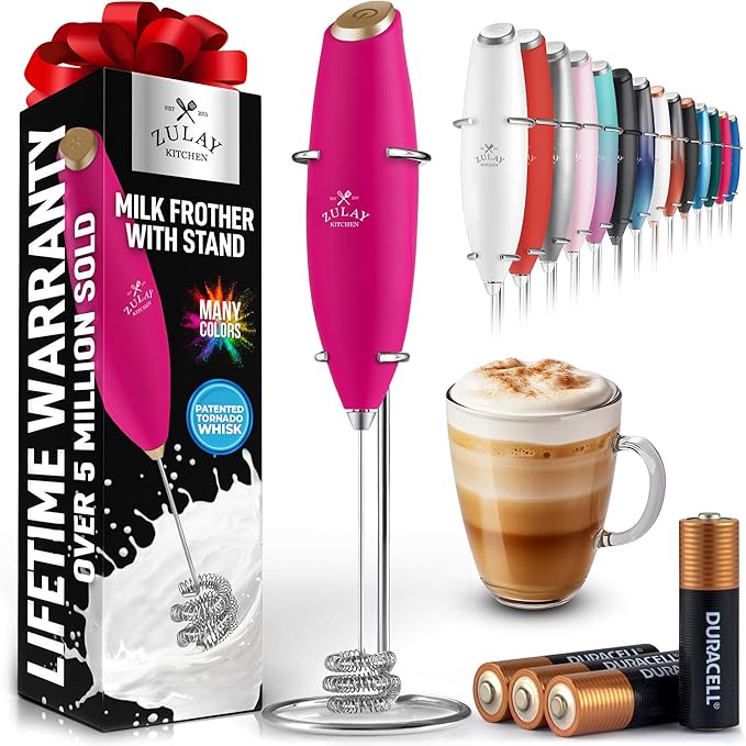 Zulay Kitchen Patented Tornado Triple Whisk Milk Frother with 4 Duracell Batteries – Handheld Foam Maker for Coffee, Lattes, Matcha & Hot Chocolate – Rich, Creamy Froth in Seconds