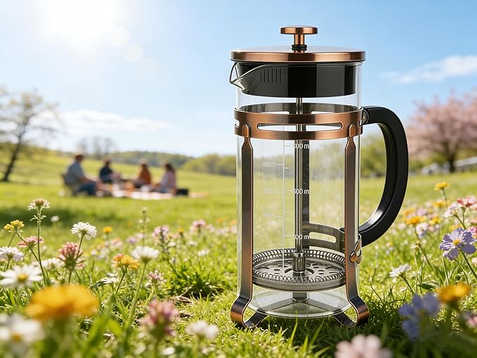Coffee Maker Steel French Press with 4 Filter, Heat Resistant Durable, Borosilicate Glass Coffee Press, 100% BPA Teapot, 21 ounce, copper