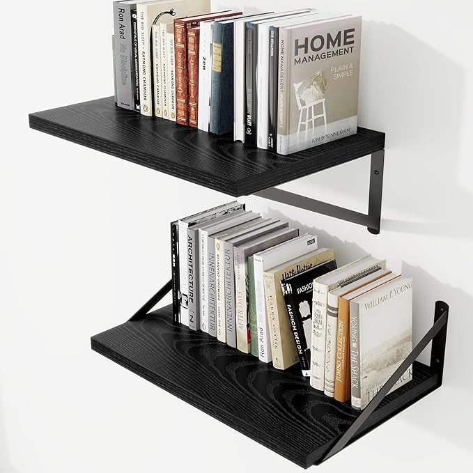 Deep Wall Shelves 16"W x 12"D Engineered Wood Floating Shelves for Wall, Sturdy Metal Bracket Bookshelves Home Decor Storage for Living Room Bedroom Bathroom Kitchen, Set of 2, Black Finish