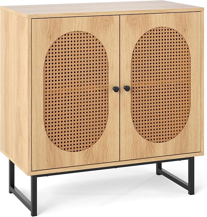Giantex Rattan Sideboard Buffet Cabinet with Storage, Boho Sideboard with Doors & Adjustable Shelf, Small Accent Buffet Storage Cabinet with Metal Legs for Kitchen, Living Room, Entryway, Natural