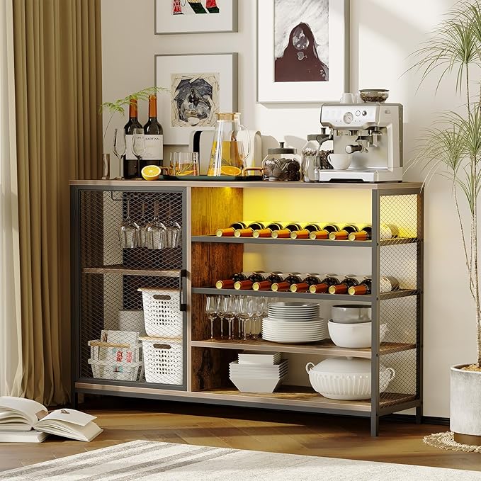 Wine Bar Cabinet with USB Charging & RGB Lights, Modern Liquor & Coffee Bar Station with Adjustable Shelves, Glass Holder, for Kitchen, Living Room, Dining Room