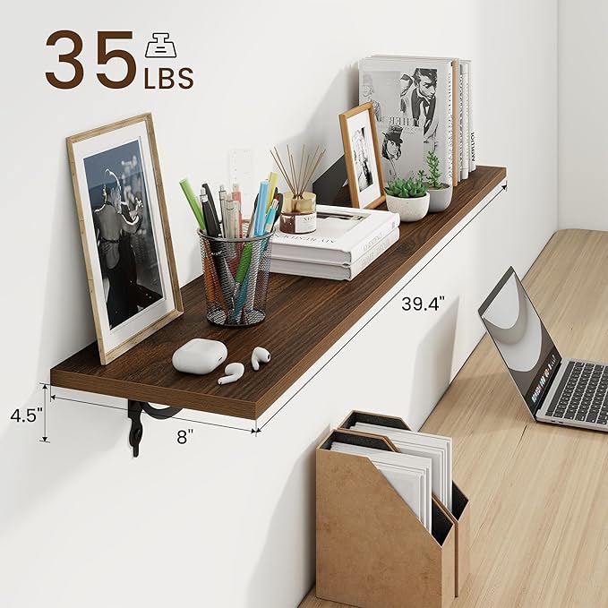 RICHFOCUS Floating Shelves for Wall Decor, 39.4W x 8D Shelves Set of 2, 8 Inch Deep Rustic Wood Shelves Wall Mounted with Brackets, Long Floating Shelves for Living Room Bedroom Kitchen, Walnut