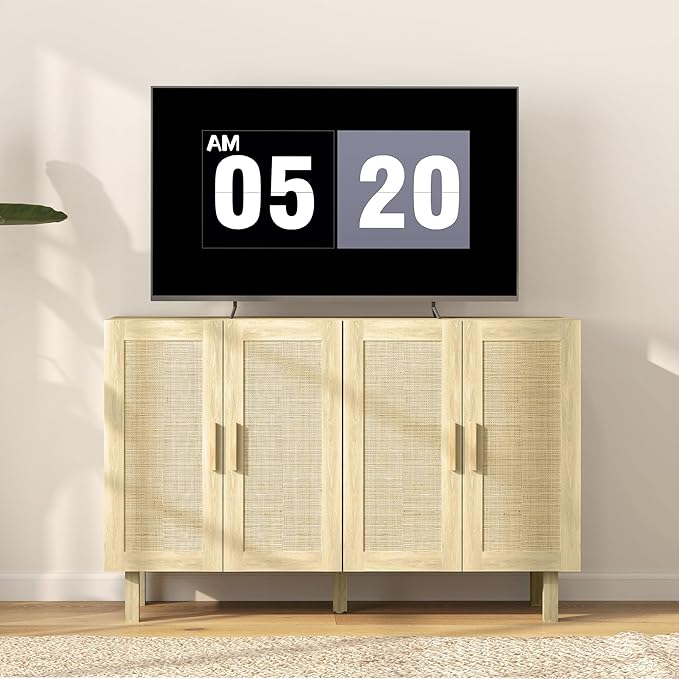 HOMCOM Boho Sideboard Buffet Cabinet, Coffee Bar Cabinet with 4 Rattan Doors and Adjustable Shelves for Kitchen, Living Room, Natural