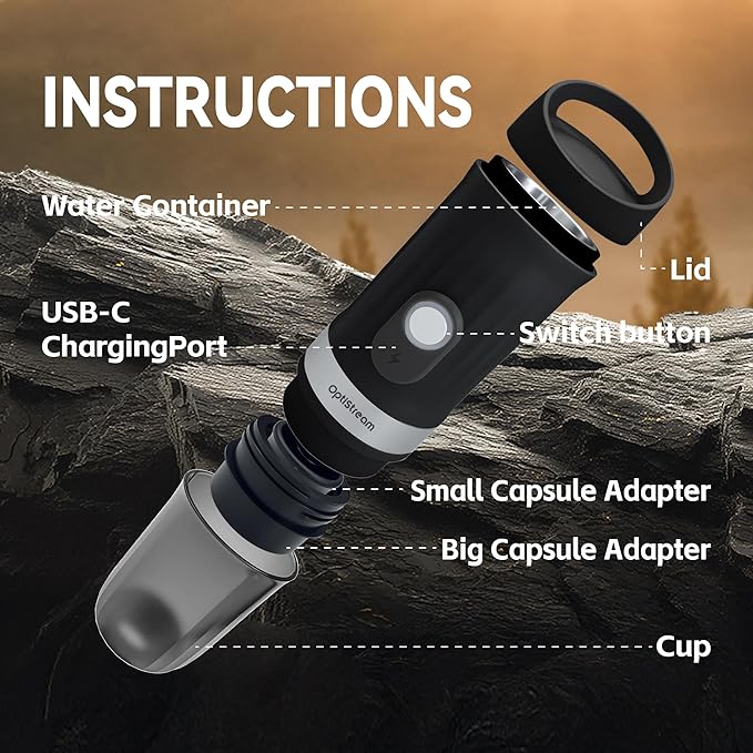 Portable Electric Espresso Machine, Travel Coffee Maker for Camping, Car Coffee Maker Self-Heating with USB-C, With Ground Coffee & NS Capsule for RV, Hiking, Office (Black)