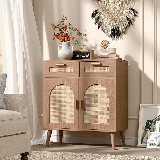 Vabches Kitchen Storage Cabinet with Barn Door, Rattan Sideboard Buffet with Storage Drawers, Rattan Kitchen Cabinet with Drawers for Dining Room, Living Room, EntryWay