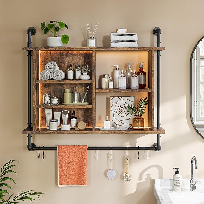 REIBII 4-Tier Industrial Pipe Shelving, 37.4" Kitchen Shelf with LED Light, Floating Shelves with 8 S-Hooks for Kitchen, Living Room, Home Office Bar, Rustic Brown
