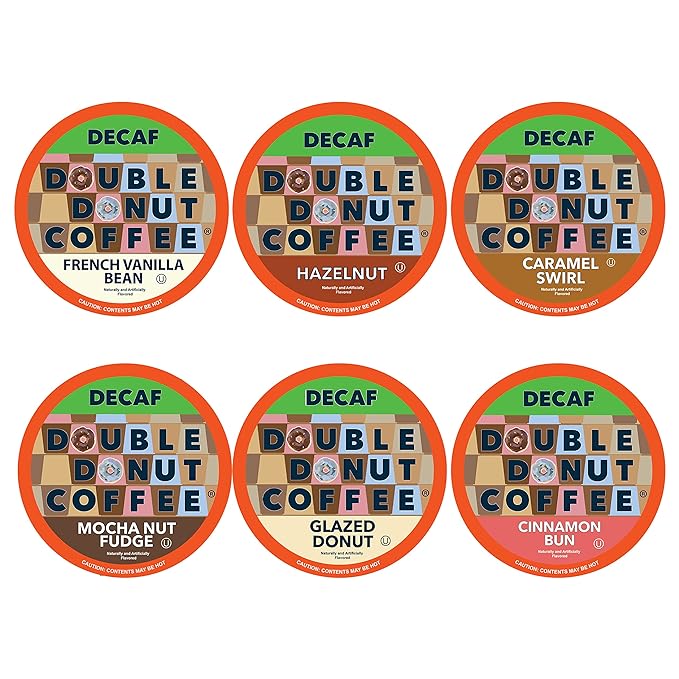 Double Donut Coffee Decaf Flavored Coffee Variety Pack - 6 Traditional Flavors (Caramel Swirl, Hazelnut, Glazed Donut, Mocha Nut Fudge, Vanilla Bean, and Cinnamon Bun) for Keurig K Cups Coffee Makers - 72 Count