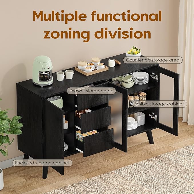 Soohow Farmhouse Buffet Cabinet, 55.5" Coffee Bar with 3 Drawers and Pop-Up Doors, Large Rustic Sideboard for Dining Room, Kitchen, Hallway, and Living Room