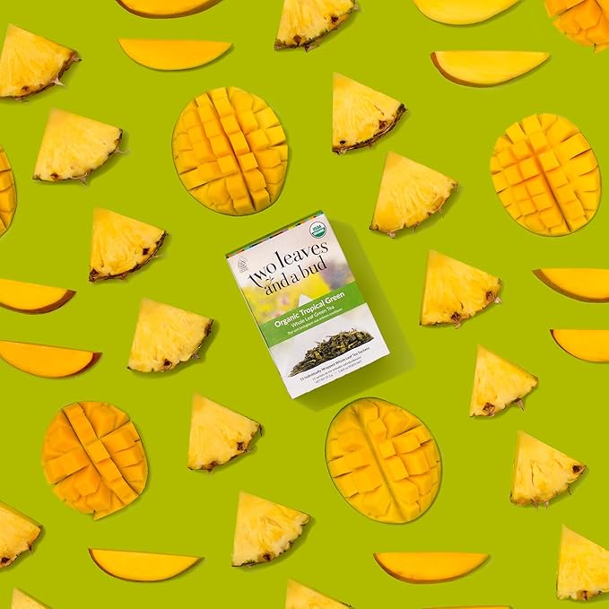 Two Leaves and a Bud Organic Tropical Green Tea Bags, Whole Leaf Green Tea in Sachets, 15 Count (Pack of 6)