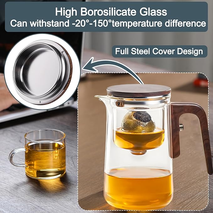 Enchanti Tea Pot, Witchcraft Magical Enchanted Glass Teapot with Strainer, Magnetic Filtration Pot with Handle, for Home, Gifting, Outdoor and Office (Solid Wooden handle 800)