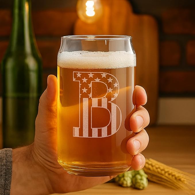 Monogram Beer Glasses for Men (A-Z) 16 oz - Beer Gifts for Men Brother Son Dad Neighbor - Unique Gifts for Him - Personalized Drinking Gift Beer Glass Mugs - Engraved Beer Can Glass (B)